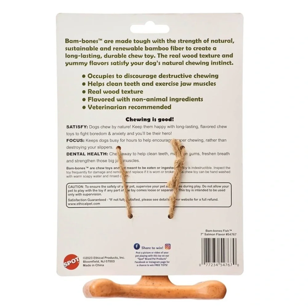 SPOT Bam-Bones Fish Chew Toy for Dogs - Durable, Salmon-Flavored-NWT